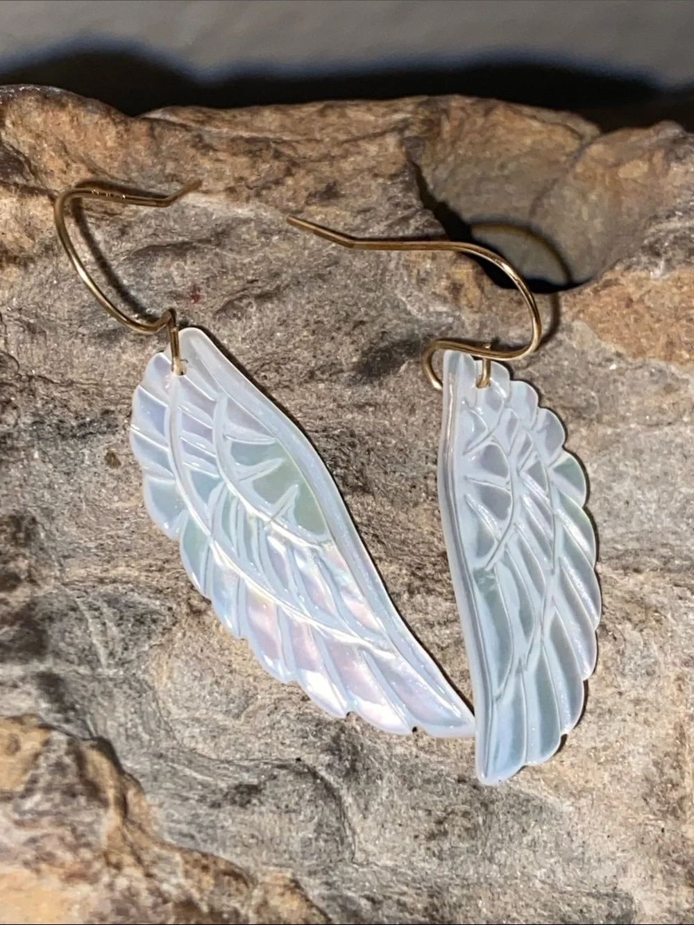 Vintage Carved Mother of Pearl Iridescent White Wings Drop French Hook Earring